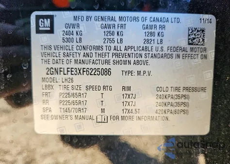 2015 Chevrolet Equinox Lt из США, поврежденный, VIN 2GNFLFE3XF6225086